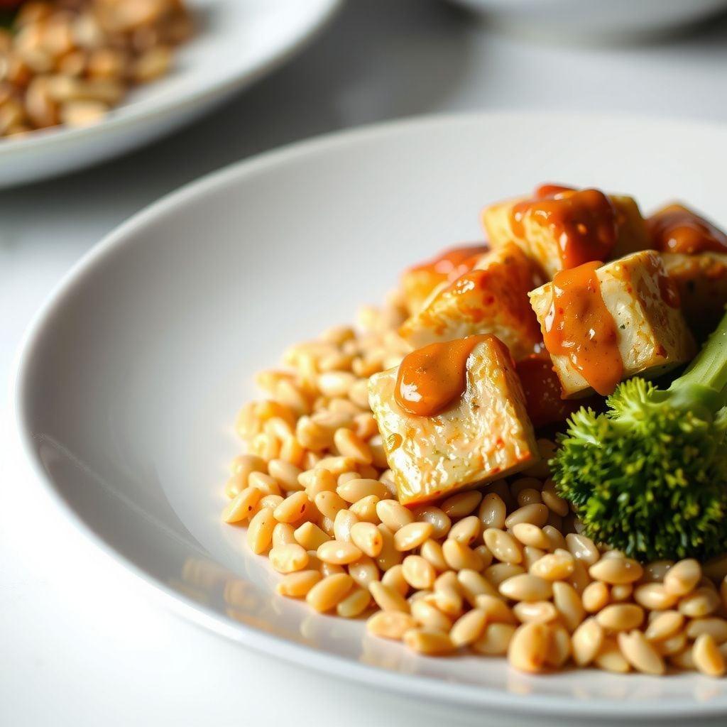 Thai Peanut Tofu & Broccoli over Pearled Farro Thai Peanut Tofu & Broccoli over Pearled Farro
