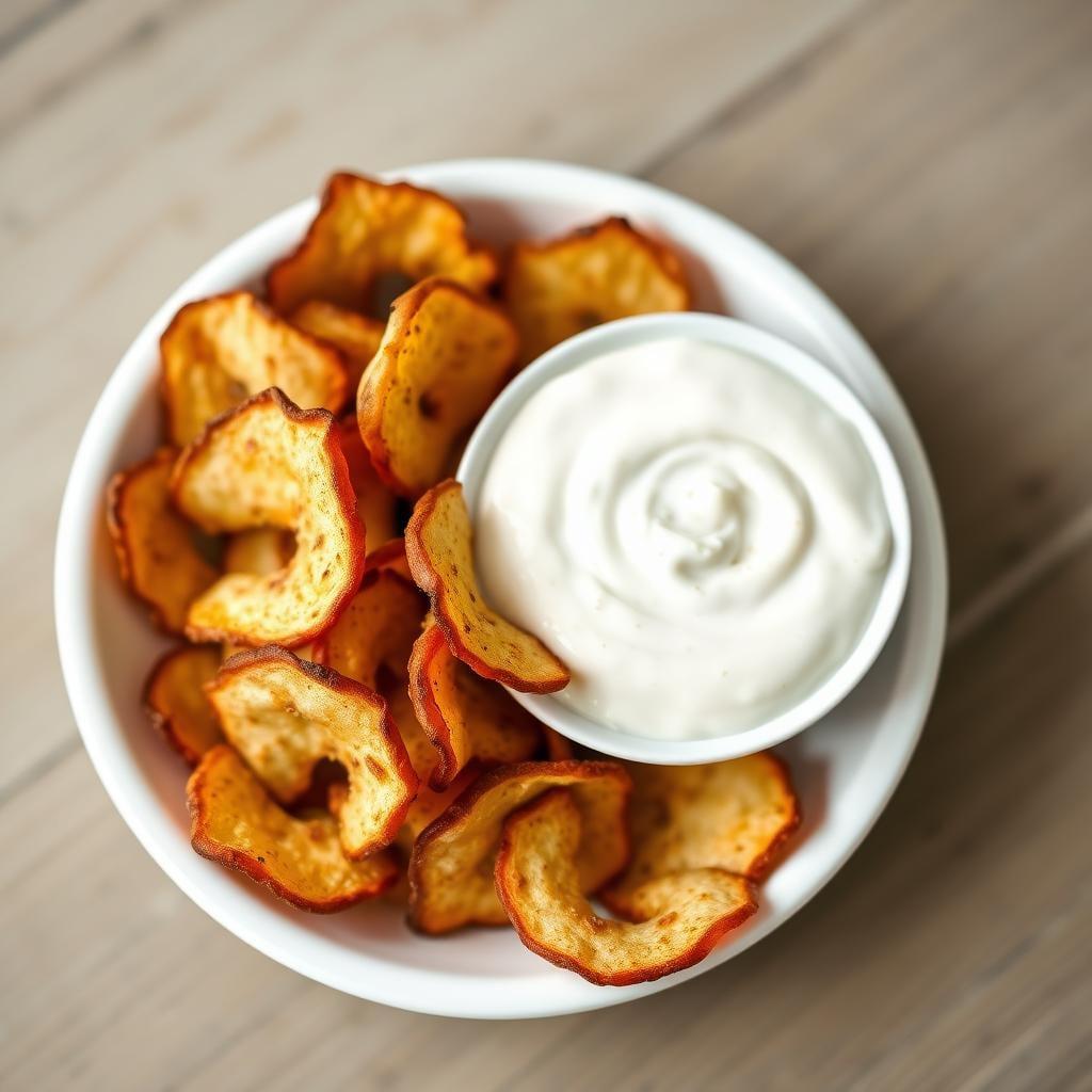 Baked Cinnamon Apple Chips with Vanilla Yogurt Dip