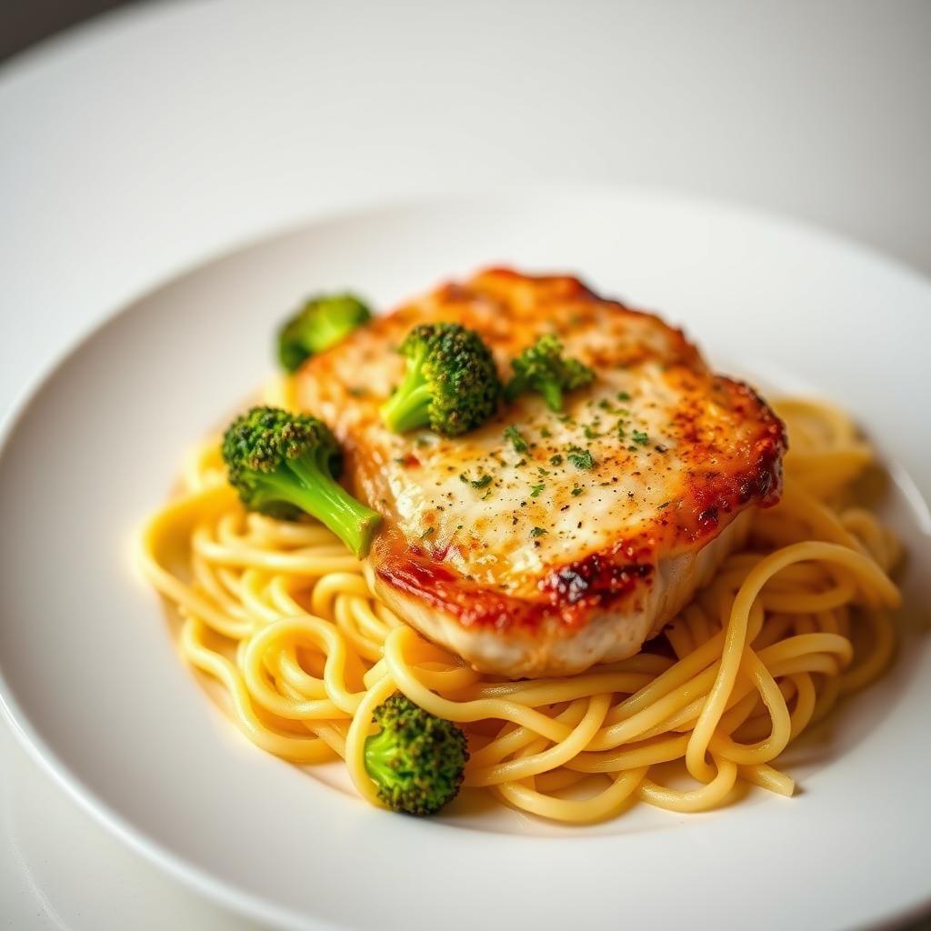 Baked Pork Chop with Buttered Egg Noodles and Roasted Broccoli