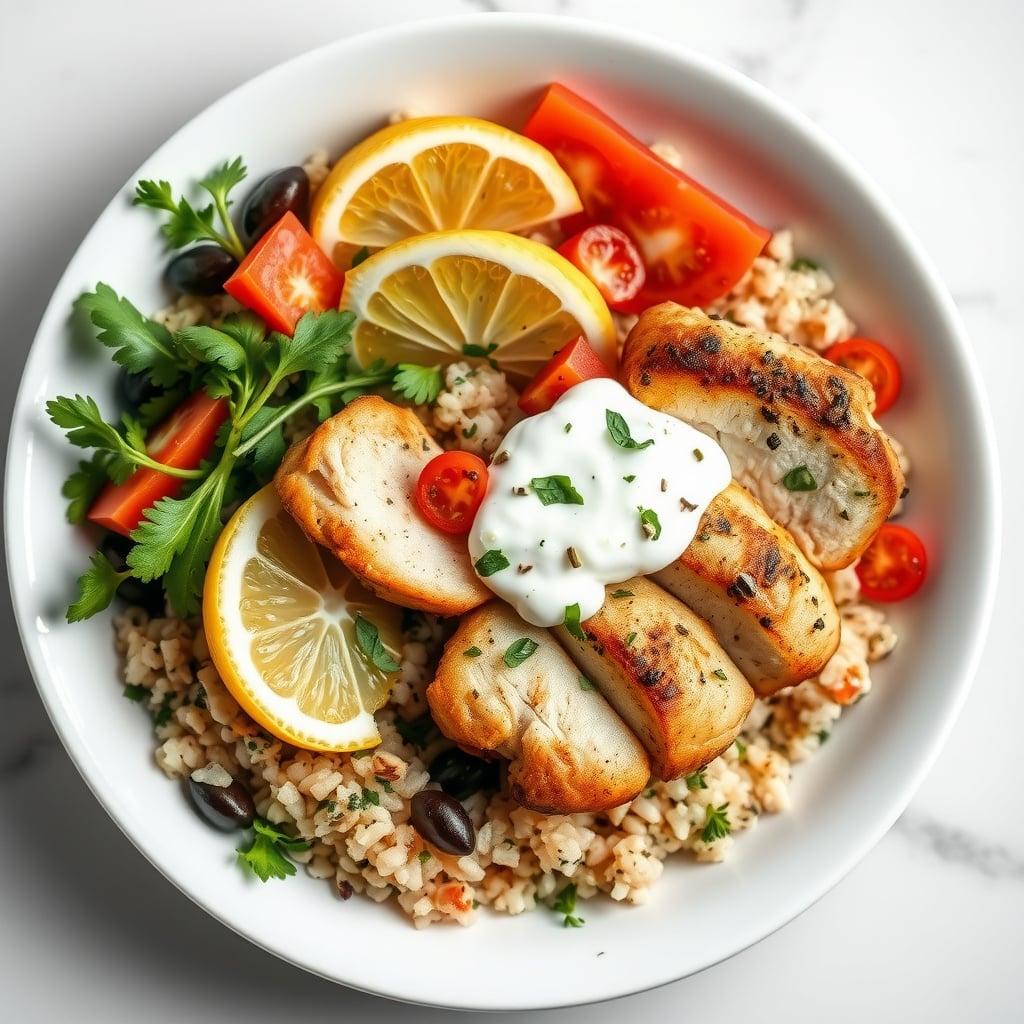 Mediterranean Grain Bowl with Herb-Marinated Chicken Mediterranean Grain Bowl with Herb-Marinated Chicken
