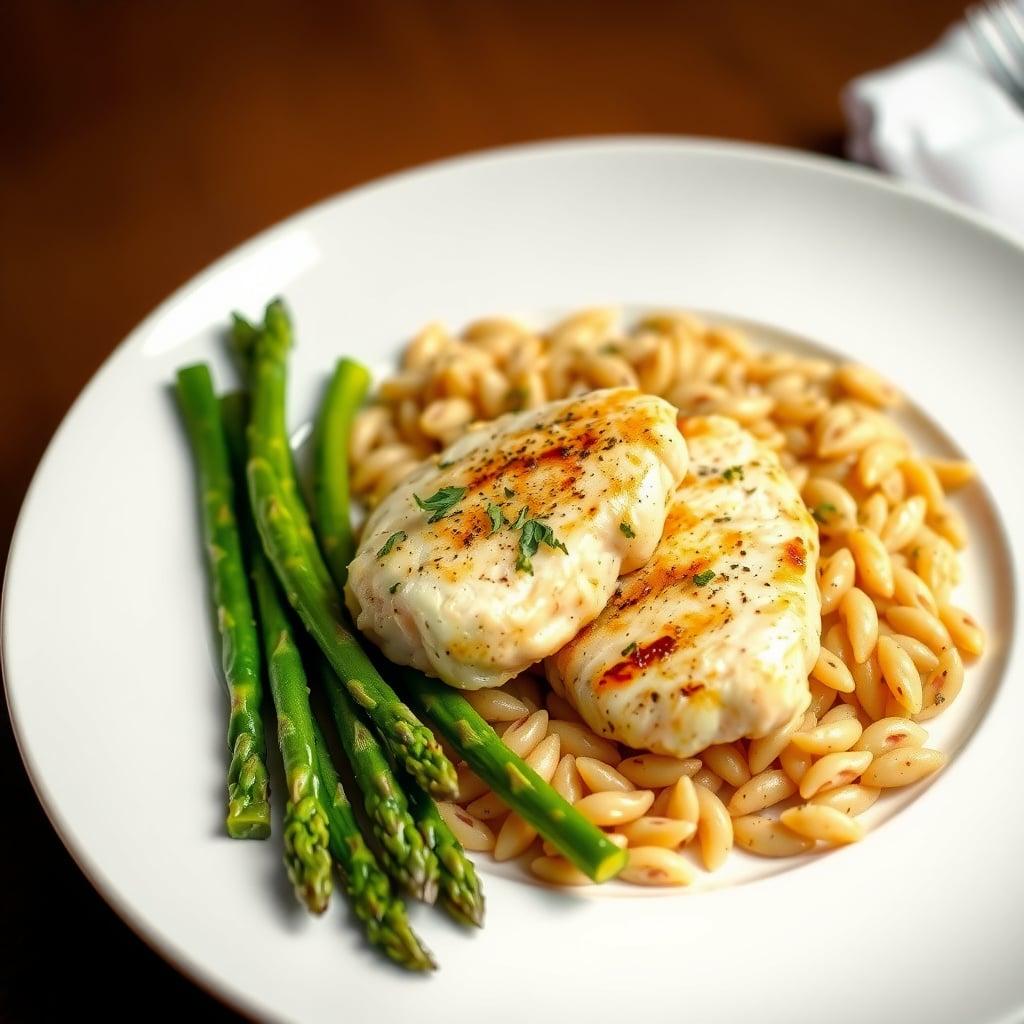 Lemon-Garlic Chicken Medallions with Quick Orzo and Asparagus Lemon-Garlic Chicken Medallions with Quick Orzo and Asparagus