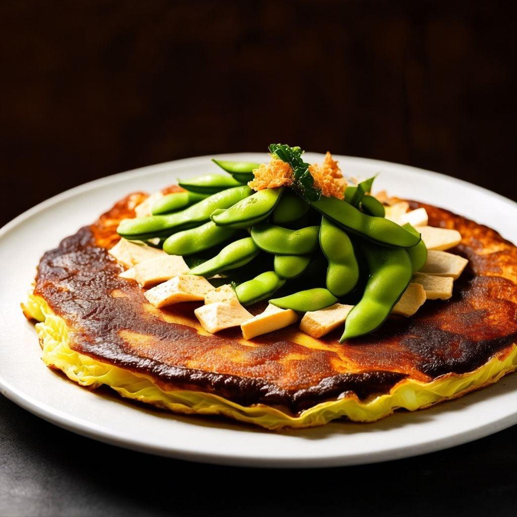 Cabbage & Edamame Okonomiyaki with Crispy Tofu Cabbage & Edamame Okonomiyaki with Crispy Tofu