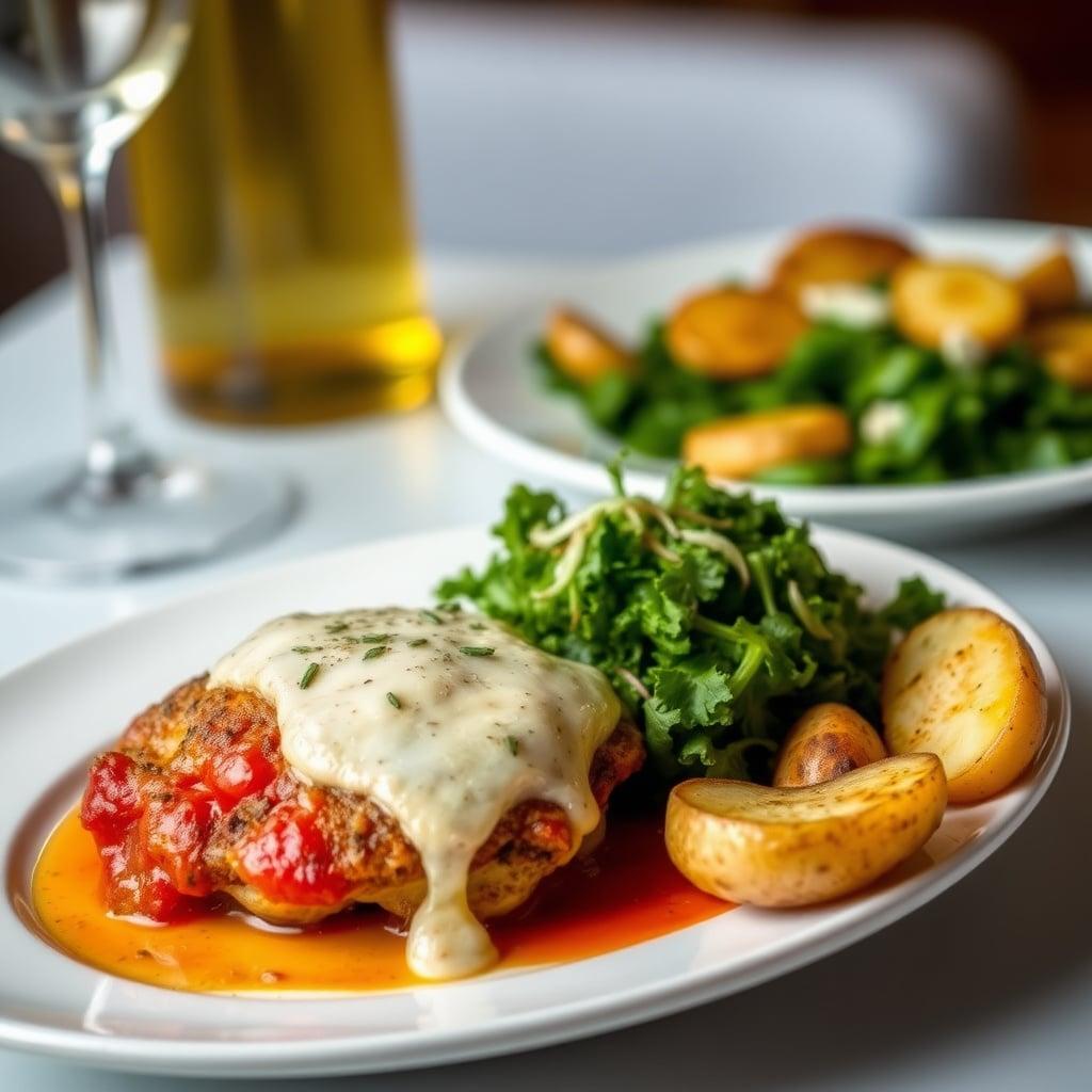Herb-Crusted Chicken Parmigiana with Garlic Kale Caesar Salad and Roasted Lemon-Herb Fingerling Potatoes Herb-Crusted Chicken Parmigiana with Garlic Kale Caesar Salad and Roasted Lemon-Herb Fingerling Potatoes