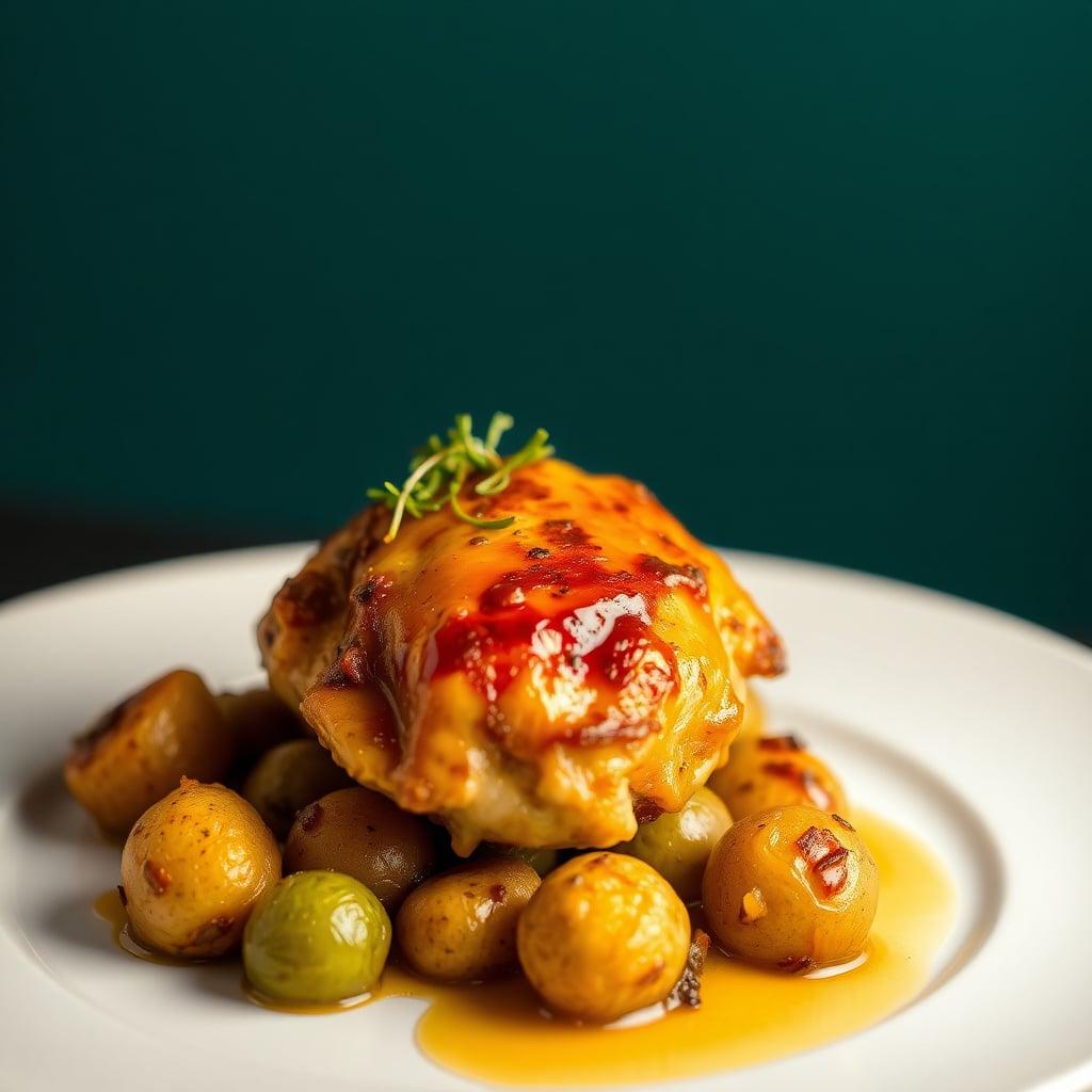 Honey-Mustard Glazed Chicken Thighs with Roasted Brussels Sprouts and Herb Baby Potatoes Honey-Mustard Glazed Chicken Thighs with Roasted Brussels Sprouts and Herb Baby Potatoes