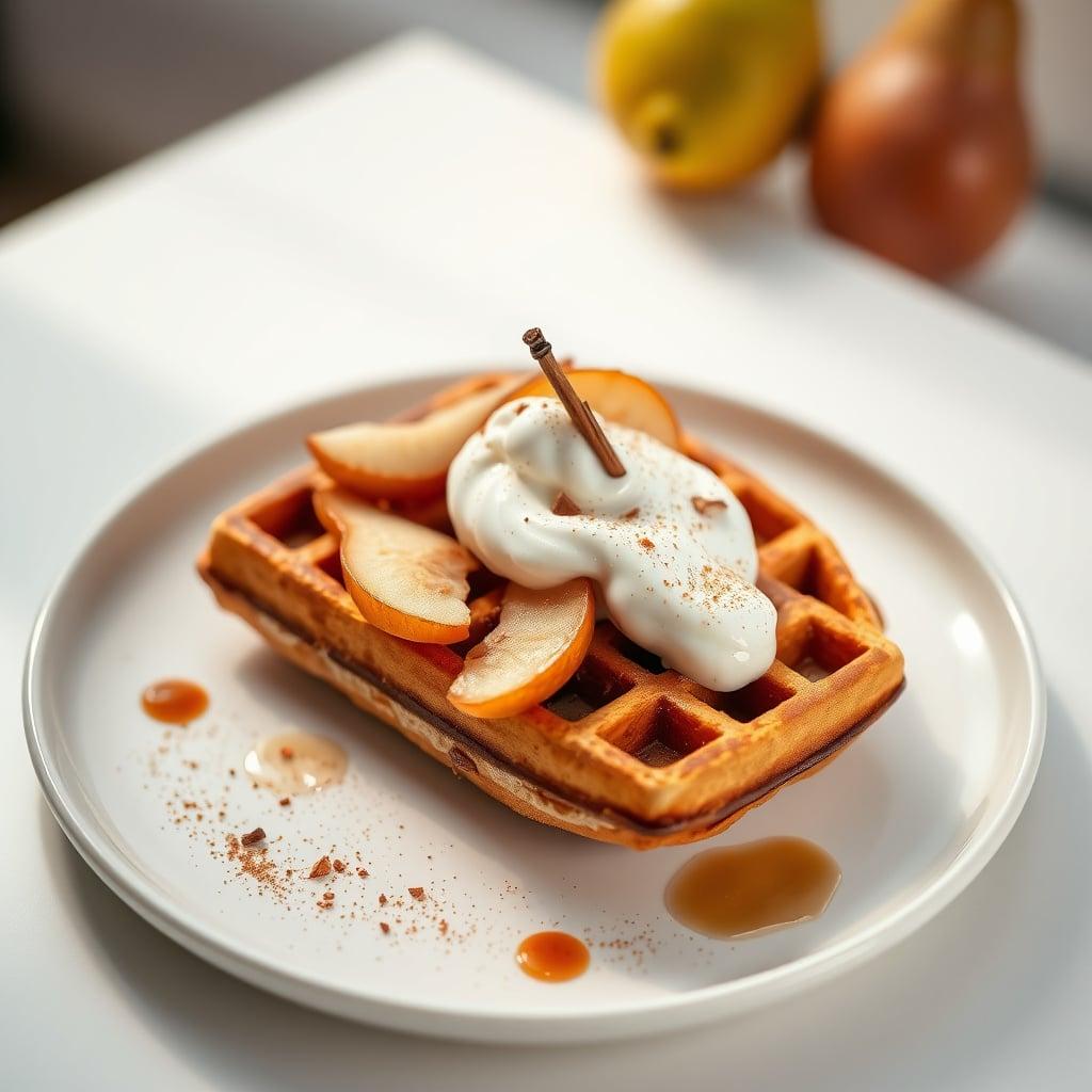 Gingerbread Protein Waffles with Cinnamon-Spiced Yogurt & Caramelized Pears Gingerbread Protein Waffles with Cinnamon-Spiced Yogurt & Caramelized Pears