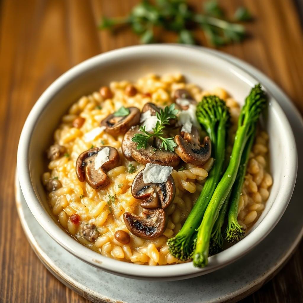 Creamy Wild Mushroom and Thyme Risotto with Charred Garlic Broccolini Creamy Wild Mushroom and Thyme Risotto with Charred Garlic Broccolini