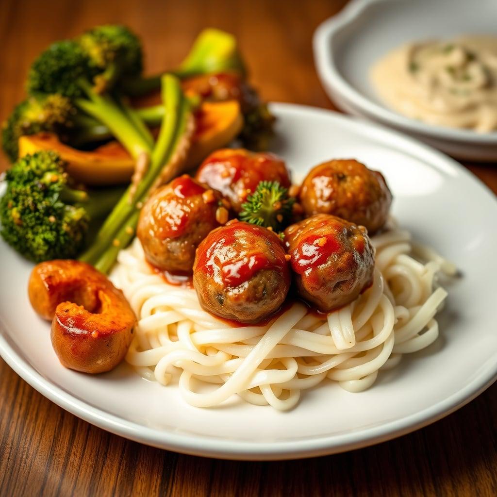 Sweet & Spicy Korean-Style Pork Meatballs with Maple-Glazed Acorn Squash and Sesame Roasted Broccoli Sweet & Spicy Korean-Style Pork Meatballs with Maple-Glazed Acorn Squash and Sesame Roasted Broccoli