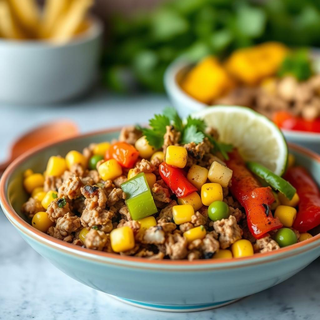 Ground Turkey Taco Bowls with Sautéed Peppers and Corn Ground Turkey Taco Bowls with Sautéed Peppers and Corn