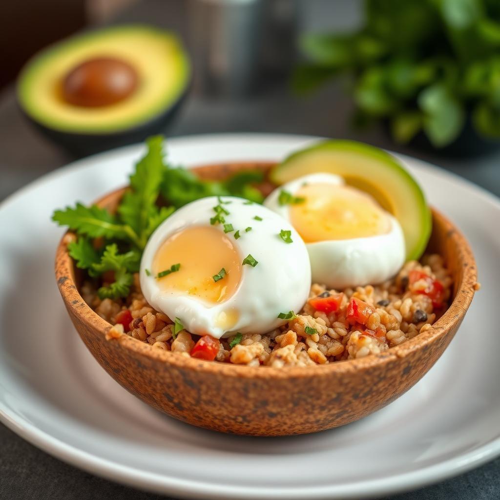 Whole Grain Breakfast Bowl with Poached Eggs and Avocado