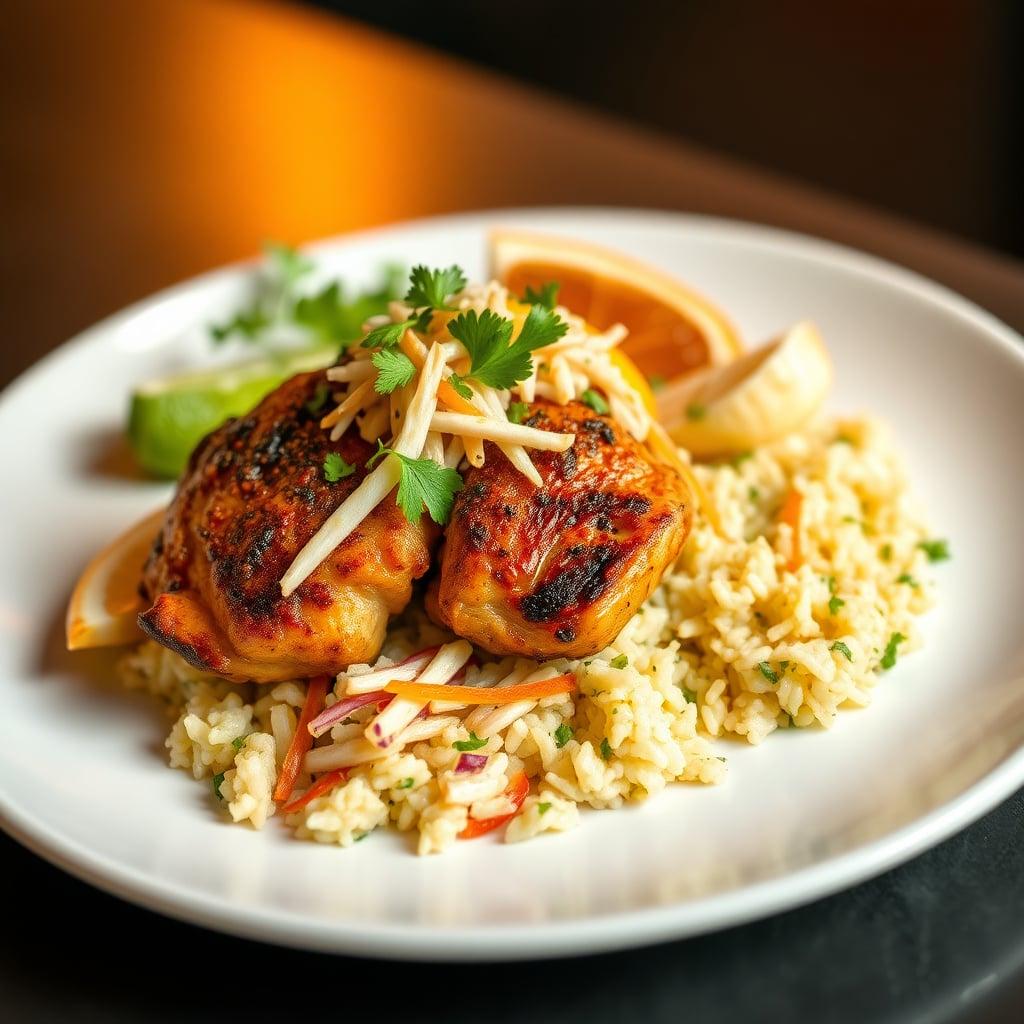 Cumin-Spiced Chicken Thighs with Citrus Slaw and Cilantro-Lime Rice