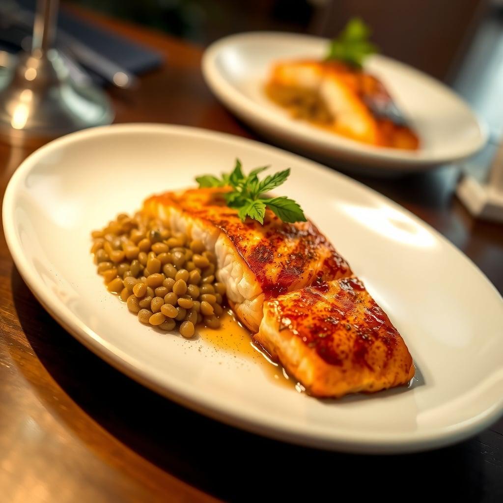 Pan-Seared Salmon with Sherry Vinegar Lentils and Lemon-Yogurt Sauce Pan-Seared Salmon with Sherry Vinegar Lentils and Lemon-Yogurt Sauce