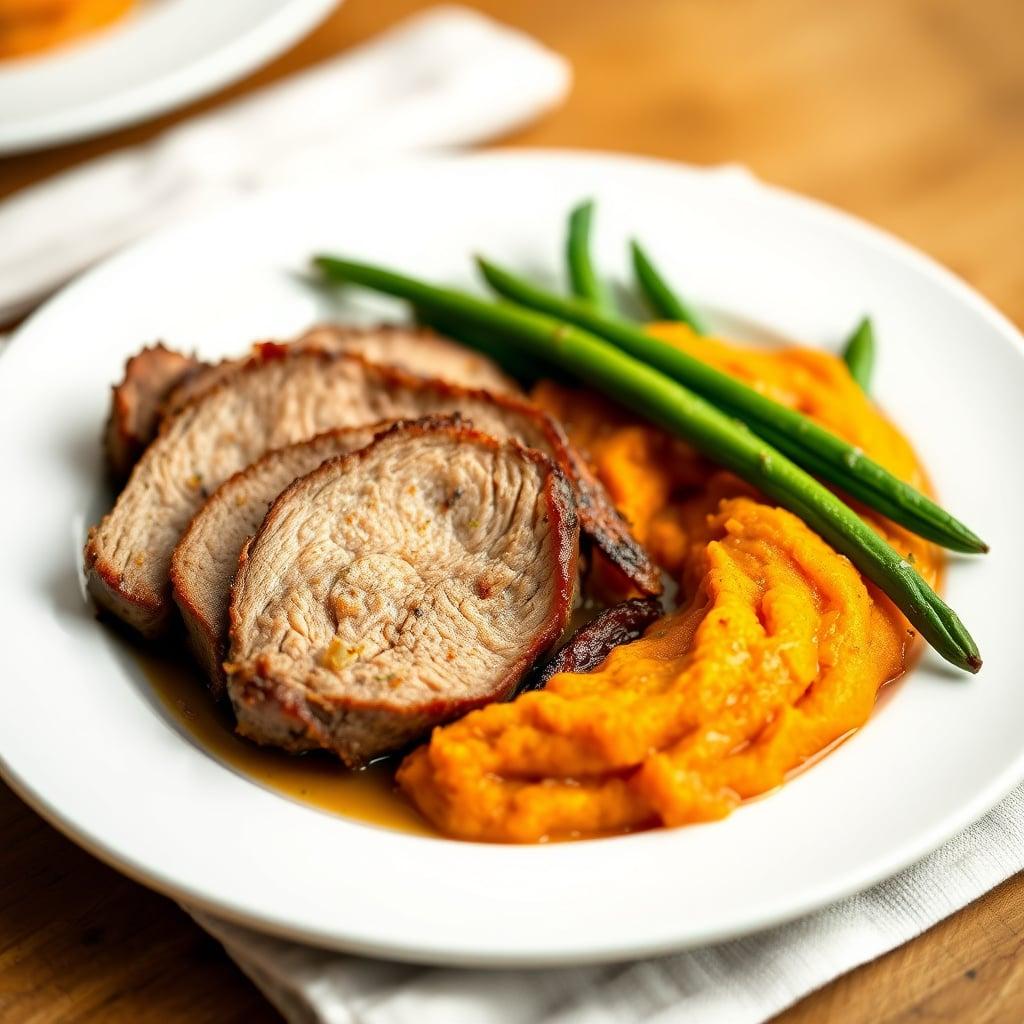 Cider-Braised Pork Shoulder with Garlic Sweet Potato Mash and Green Beans