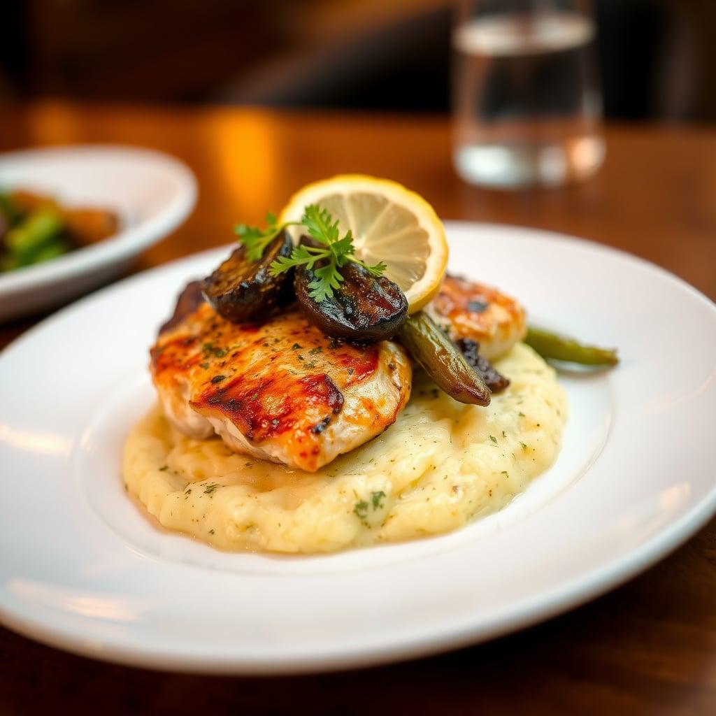 Lemon-Herb Pan Seared Chicken Thighs with Creamy Parmesan Polenta and Balsamic Roasted Vegetables