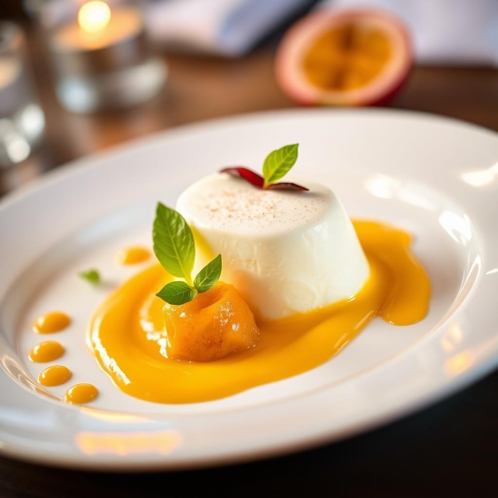 Passion Fruit Semifreddo with Coconut Tuile and Mango-Lime Coulis Passion Fruit Semifreddo with Coconut Tuile and Mango-Lime Coulis