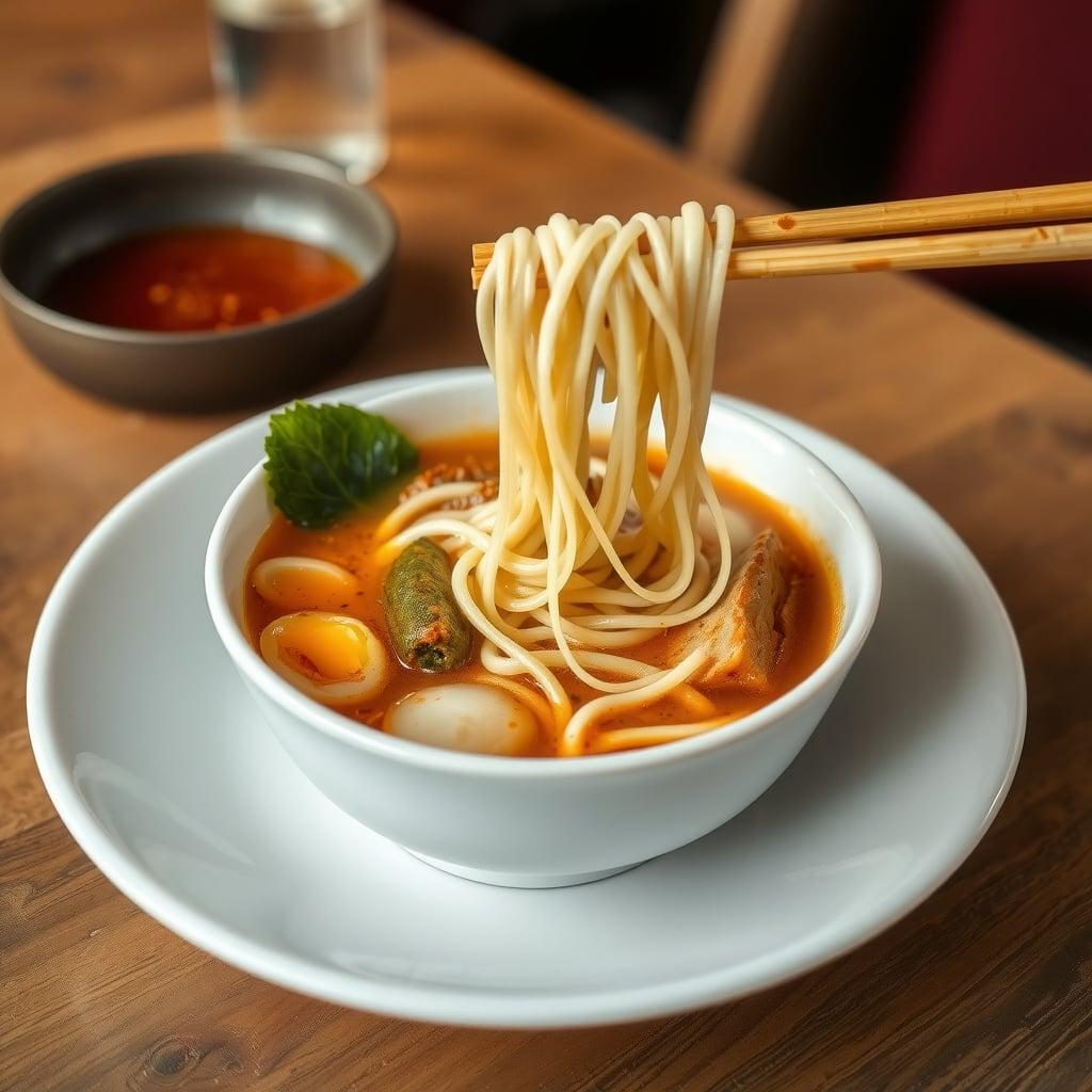 Hand-Cut Alkaline Ramen Noodles in Garlic-Shoyu Broth Hand-Cut Alkaline Ramen Noodles in Garlic-Shoyu Broth