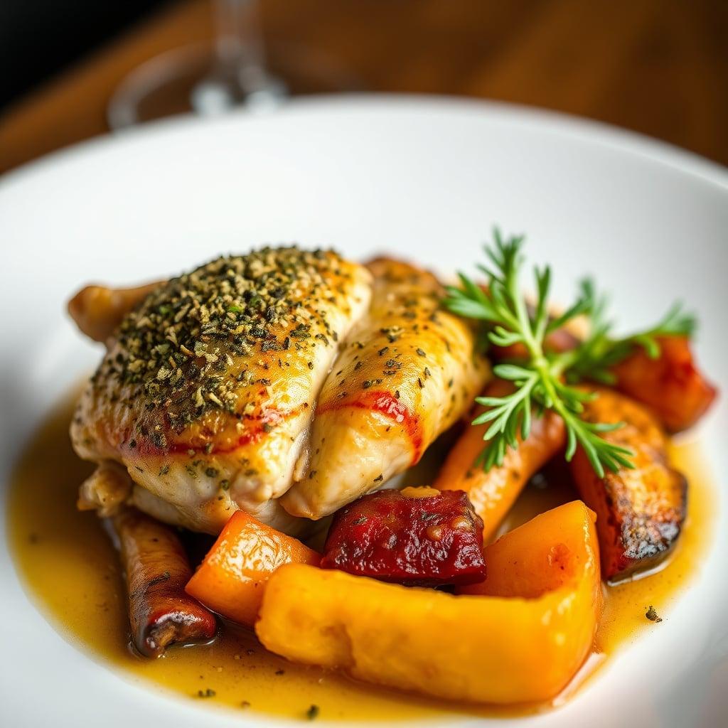 Herb-Crusted Chicken with Roasted Root Vegetables & Citrus Glaze Herb-Crusted Chicken with Roasted Root Vegetables & Citrus Glaze