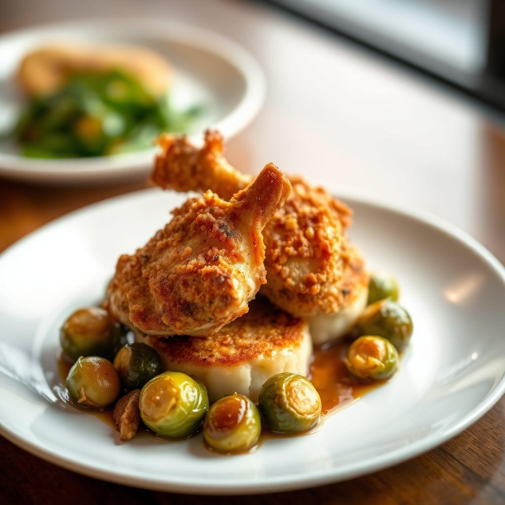 Crispy-Skin Chicken Thighs with Caramelized Onion Mashed Potato Cakes and Maple-Balsamic Brussels Sprouts Crispy-Skin Chicken Thighs with Caramelized Onion Mashed Potato Cakes and Maple-Balsamic Brussels Sprouts
