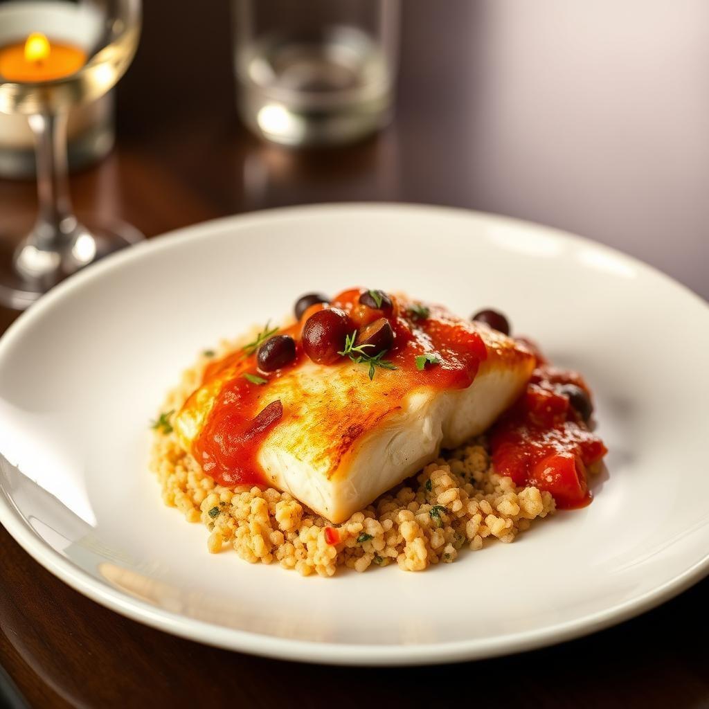 Pan-Seared Cod with Tomato-Olive Compote and Herbed Couscous Pan-Seared Cod with Tomato-Olive Compote and Herbed Couscous