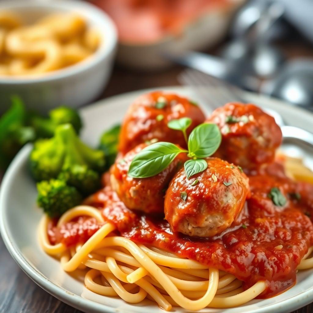 Baked Turkey Meatballs in Basil Marinara over Penne with Sautéed Broccoli