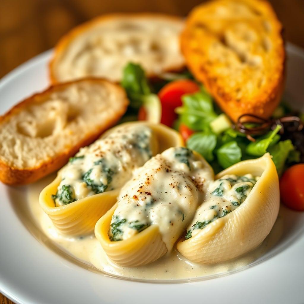 Creamy Ricotta and Spinach Stuffed Shells with Garlic Bread and Side Salad Creamy Ricotta and Spinach Stuffed Shells with Garlic Bread and Side Salad