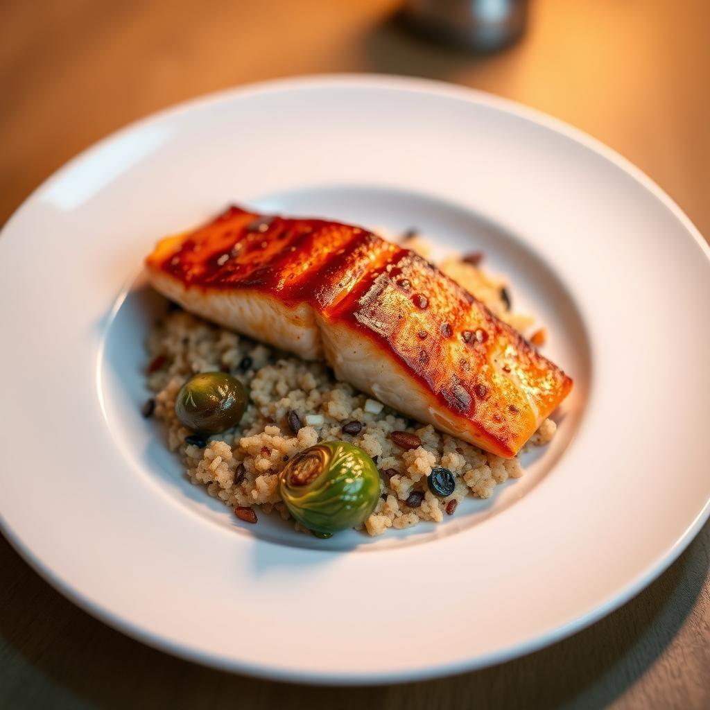 Maple-Glazed Salmon with Quinoa Pilaf and Roasted Brussels Sprouts Maple-Glazed Salmon with Quinoa Pilaf and Roasted Brussels Sprouts