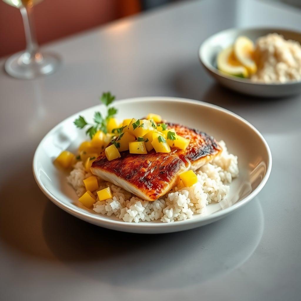 Pan-Seared Tilapia with Mango Salsa and Coconut Rice Pan-Seared Tilapia with Mango Salsa and Coconut Rice