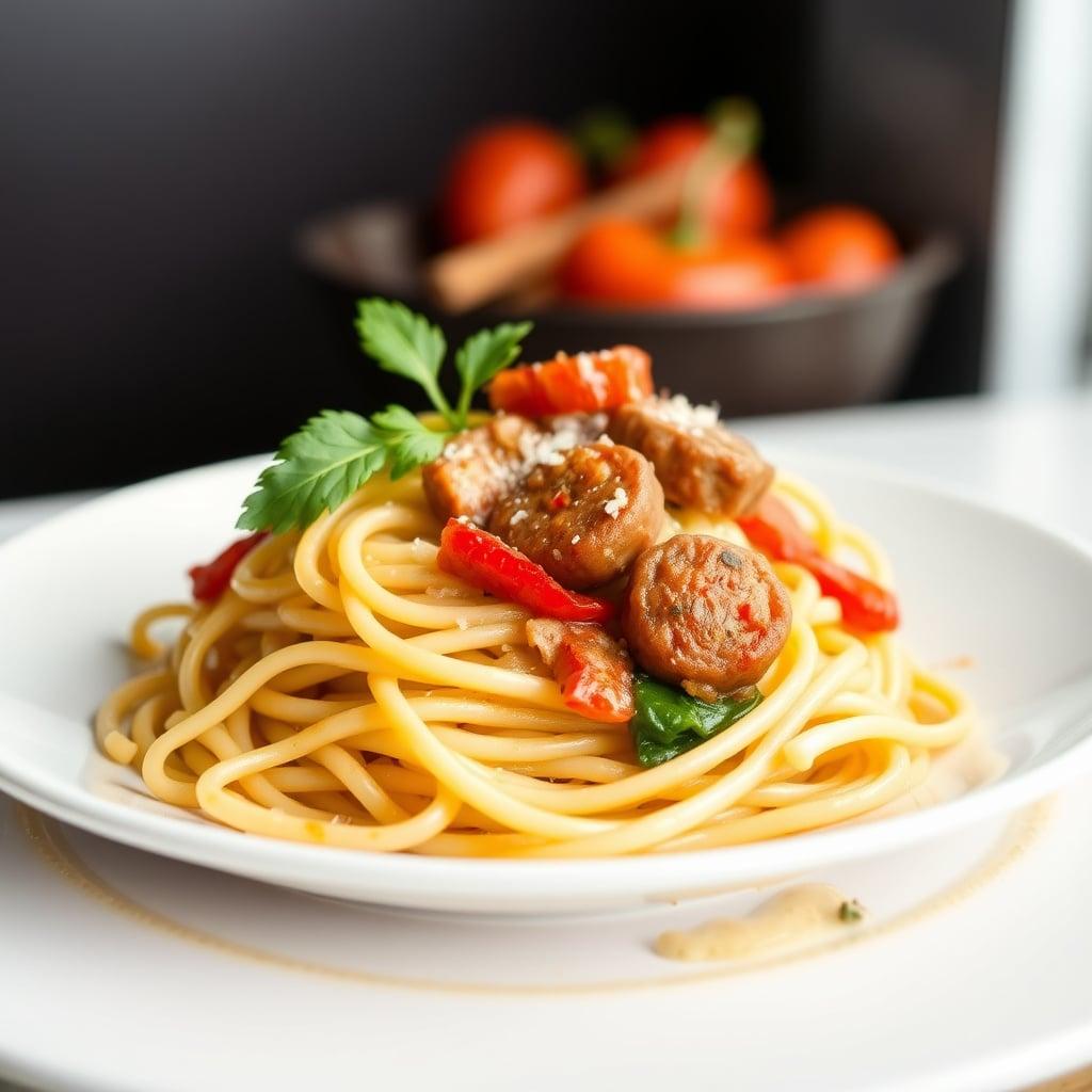 Al Dente Fettuccine with Italian Sausage and Sautéed Bell Peppers