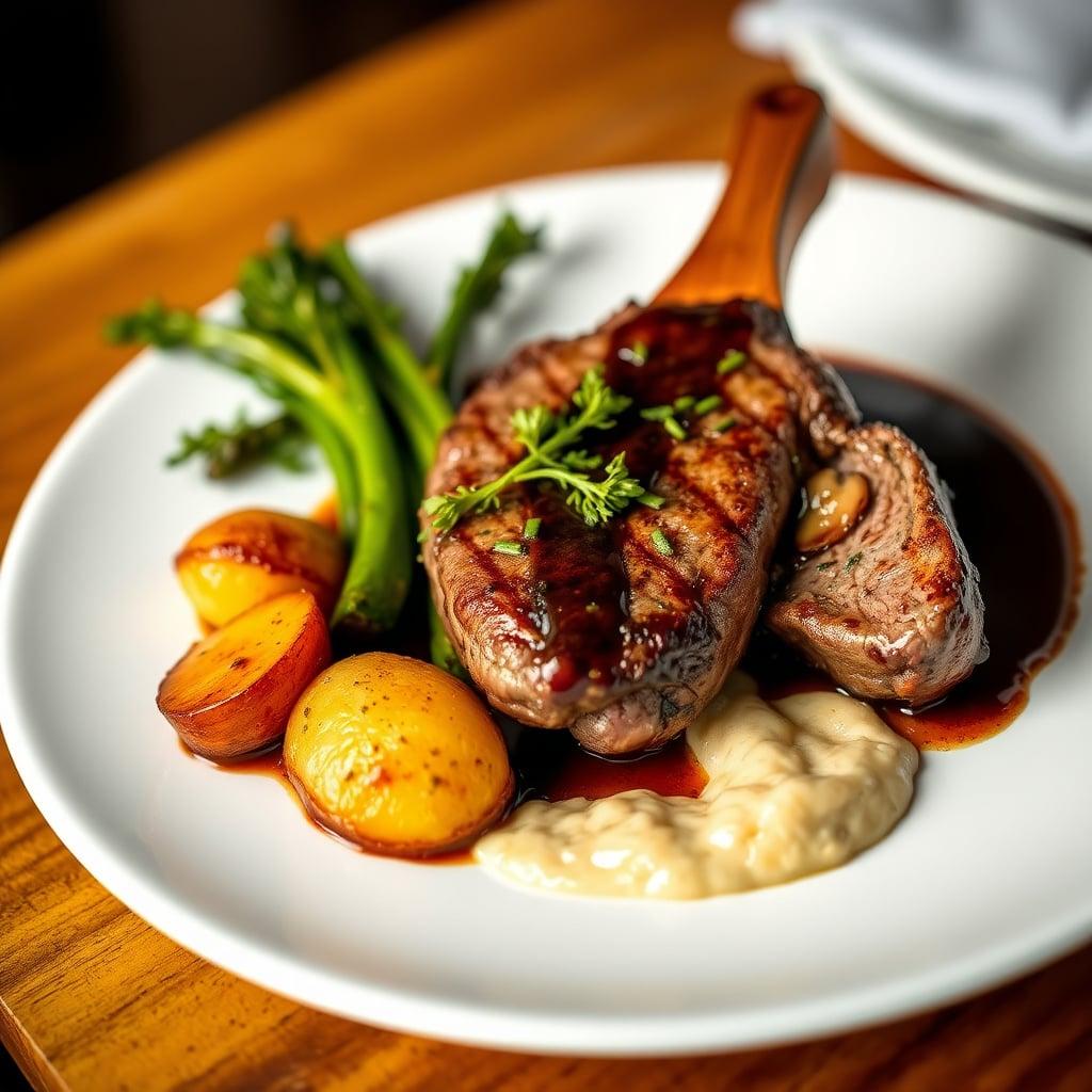 Pan-Seared Hanger Steak with Balsamic Mushroom Sauce, Herb-Roasted Fingerling Potatoes and Garlic Broccolini Pan-Seared Hanger Steak with Balsamic Mushroom Sauce, Herb-Roasted Fingerling Potatoes and Garlic Broccolini