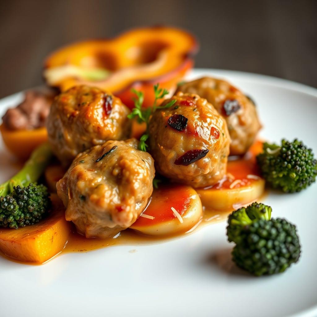 Italian-Style Pork Meatballs with Maple-Roasted Acorn Squash and Parmesan Broccoli Italian-Style Pork Meatballs with Maple-Roasted Acorn Squash and Parmesan Broccoli