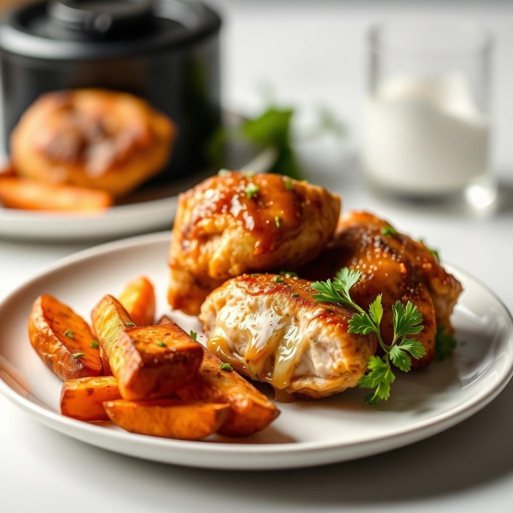 Air Fryer Honey Mustard Chicken Thighs with Sweet Potato Wedges Air Fryer Honey Mustard Chicken Thighs with Sweet Potato Wedges