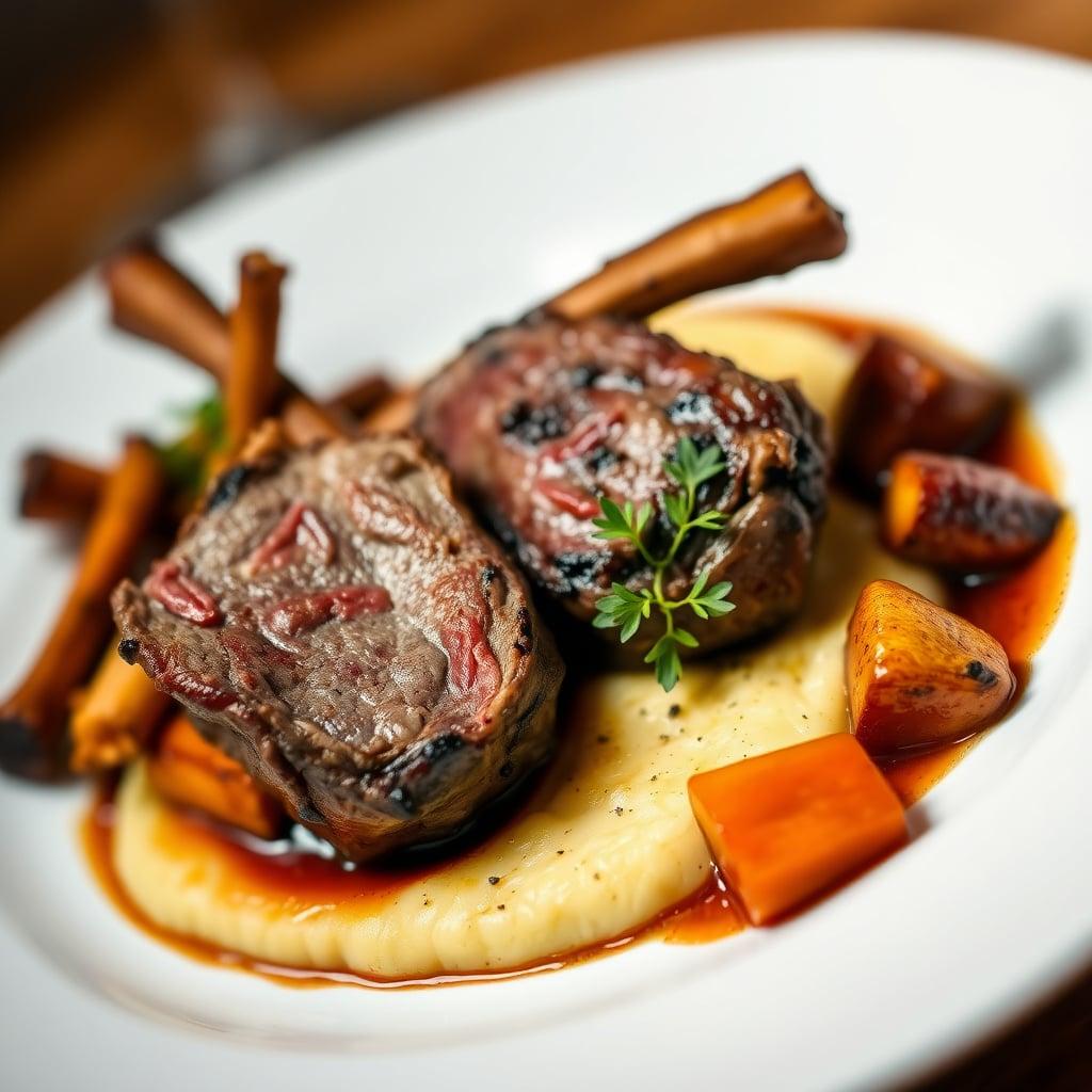 Red Wine Braised Lamb Leg with Creamy Parmesan Polenta and Roasted Root Vegetables