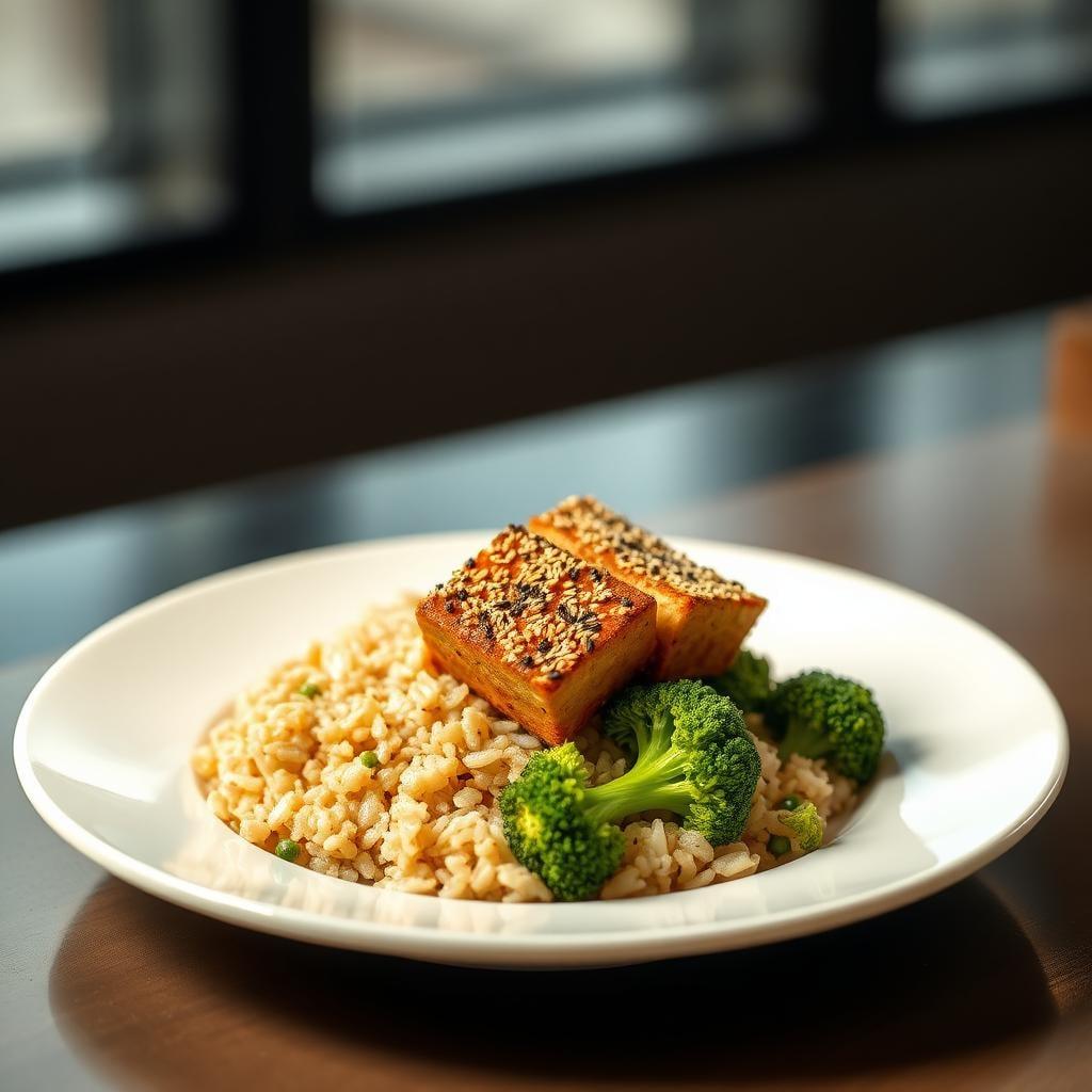 Sesame-Crusted Tofu with Brown Rice & Broccoli Sesame-Crusted Tofu with Brown Rice & Broccoli