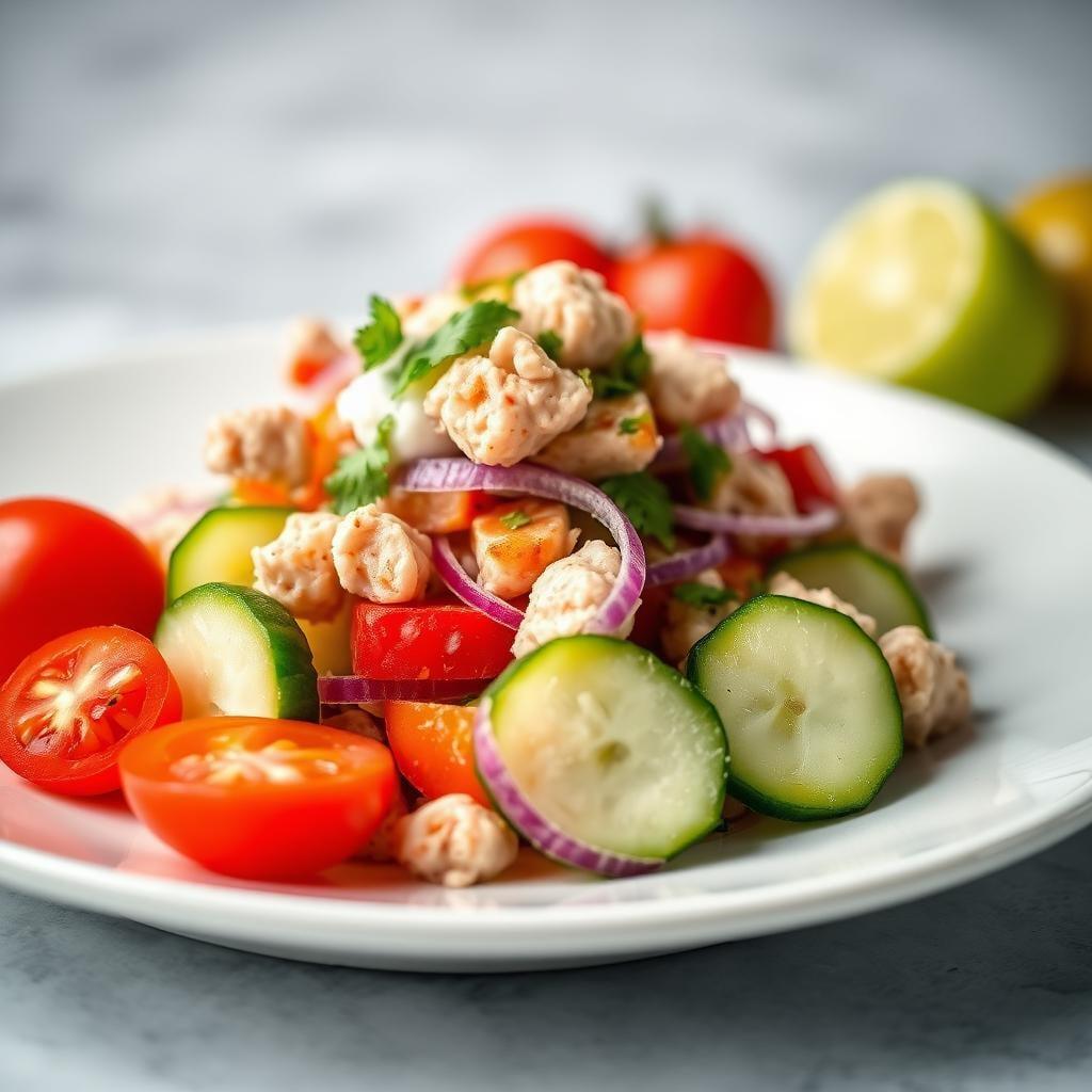 Cucumber Tomato Salad with Greek Yogurt and Tuna Cucumber Tomato Salad with Greek Yogurt and Tuna