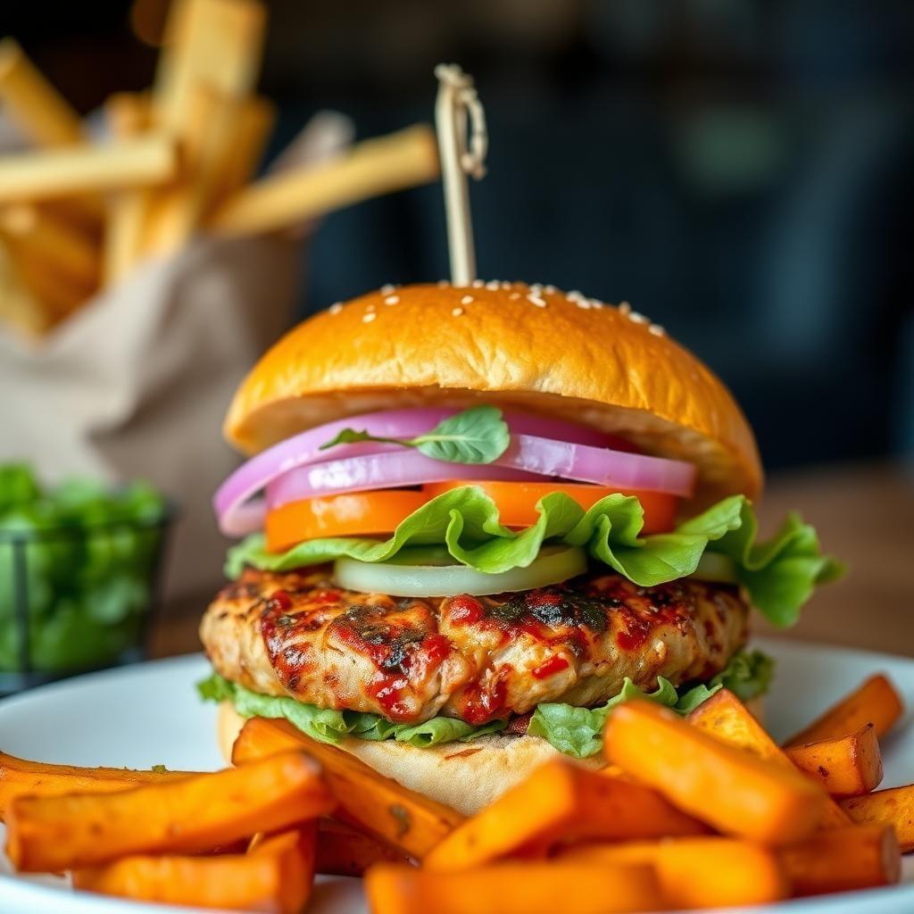 Smoky Chipotle Turkey Burger with Sweet Potato Wedges Smoky Chipotle Turkey Burger with Sweet Potato Wedges