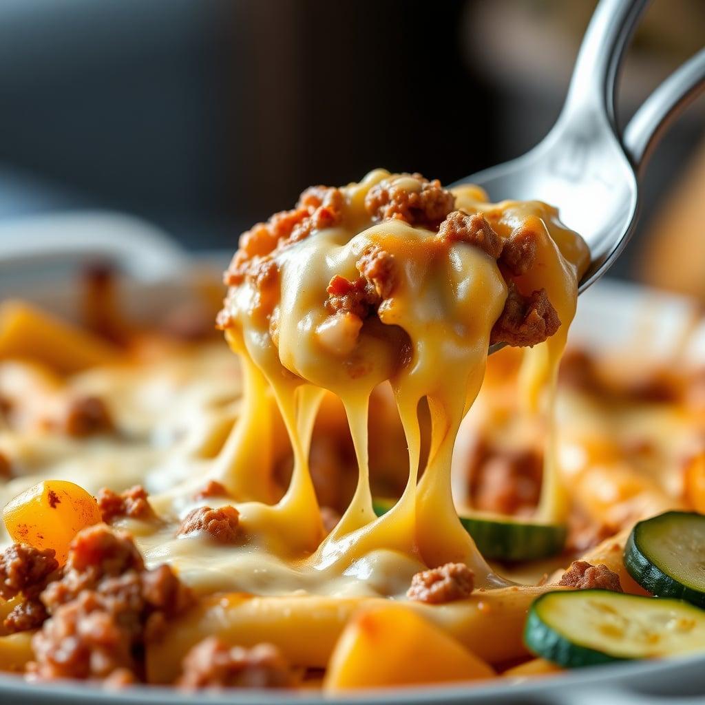 Cheesy Penne Bake with Italian Ground Beef and Tender Zucchini Slices