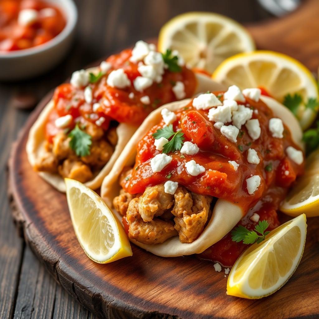 Mediterranean Ground Chicken Pita Pockets with Herbed Tomato Sauce and Crumbled Feta