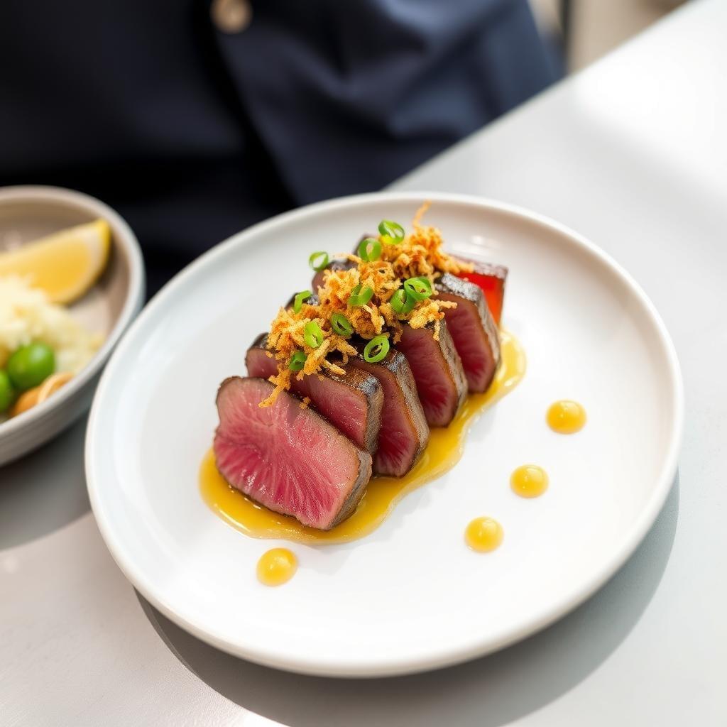 Wagyu Beef Tataki with Ponzu Gel, Charred Scallion Oil, and Crispy Garlic-Shallot Crumb Wagyu Beef Tataki with Ponzu Gel, Charred Scallion Oil, and Crispy Garlic-Shallot Crumb