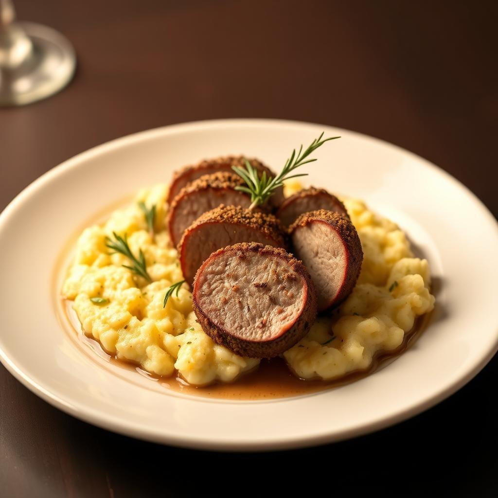 Herb-Crusted Pork Tenderloin with Roasted Cauliflower Mash