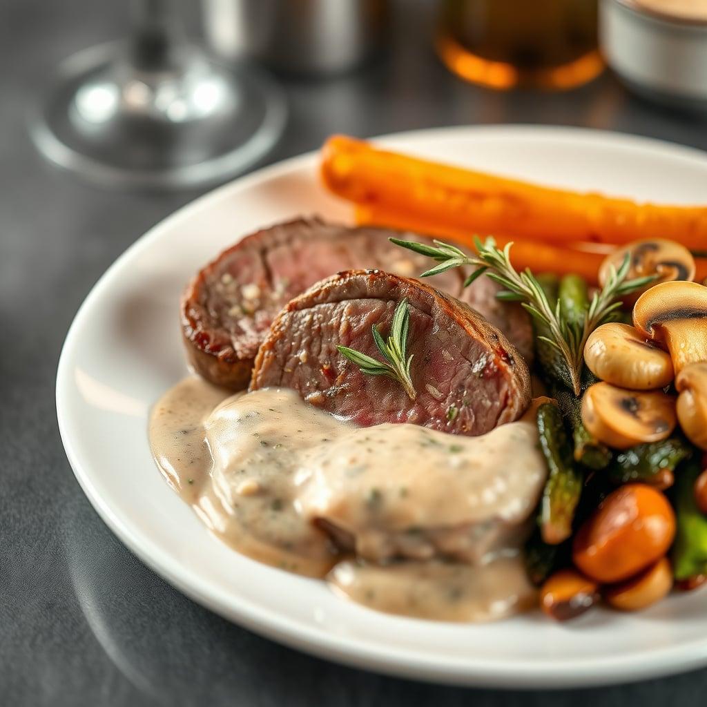 Rosemary-Garlic Inside Round Steaks with Creamy Mushroom Sauce and Roasted Vegetables Rosemary-Garlic Inside Round Steaks with Creamy Mushroom Sauce and Roasted Vegetables