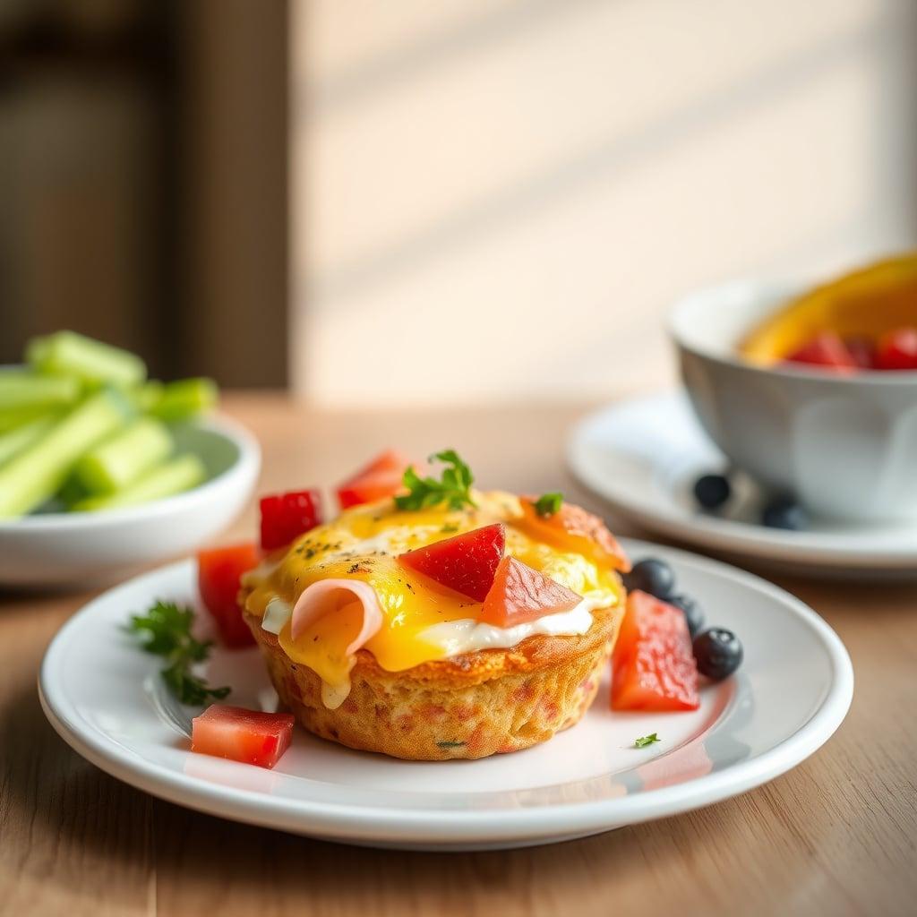 Cheesy Egg and Ham Breakfast Muffins with Fresh Fruit