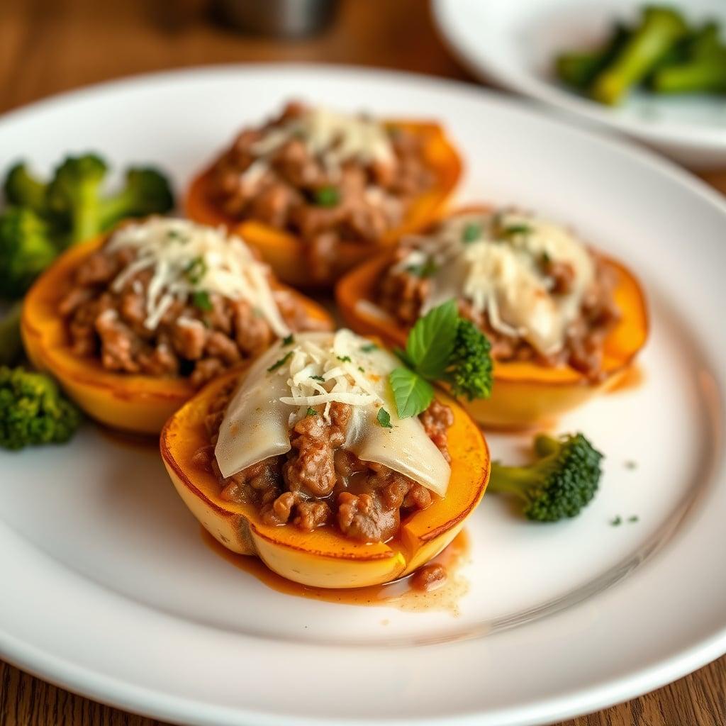 Italian Stuffed Butternut Squash Boats with Ground Beef Ragu and Parmesan Roasted Broccoli Italian Stuffed Butternut Squash Boats with Ground Beef Ragu and Parmesan Roasted Broccoli