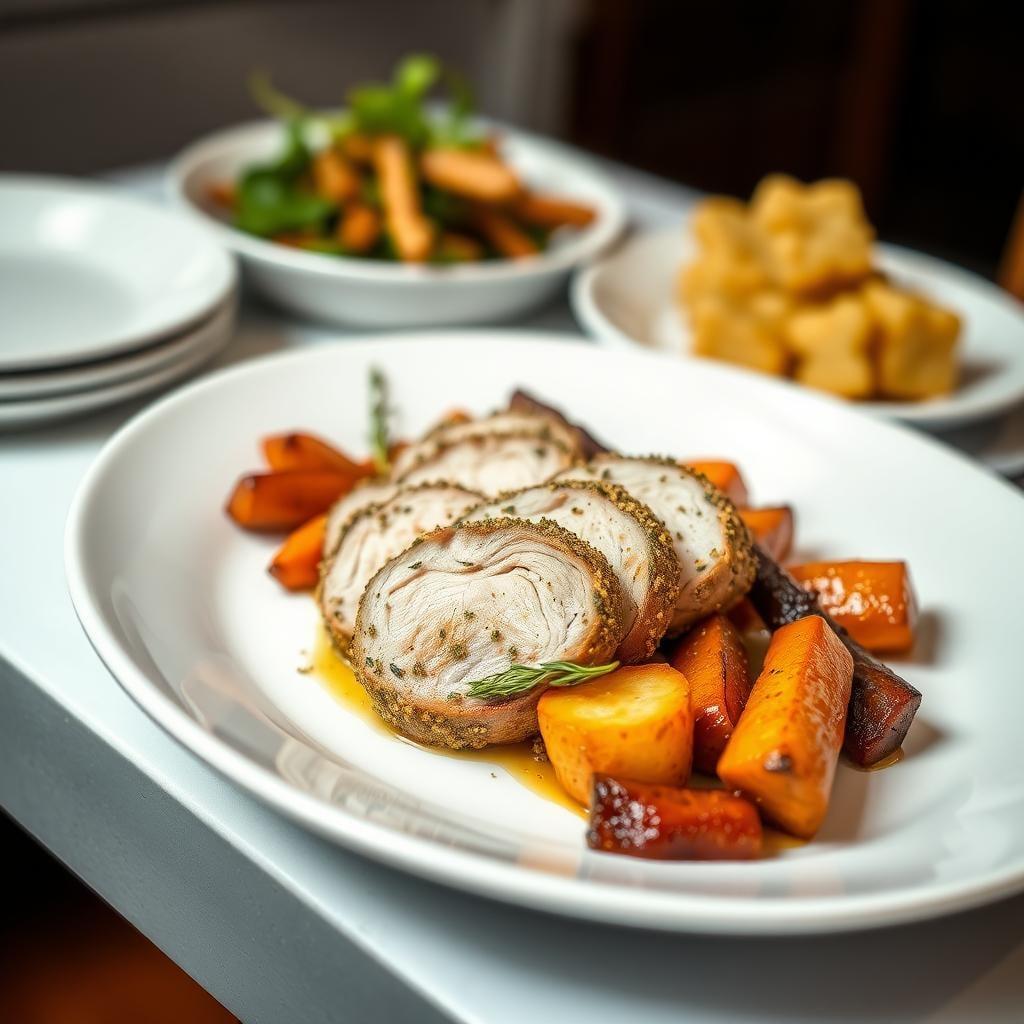 Herb-Crusted Pork Tenderloin with Roasted Root Vegetables Herb-Crusted Pork Tenderloin with Roasted Root Vegetables