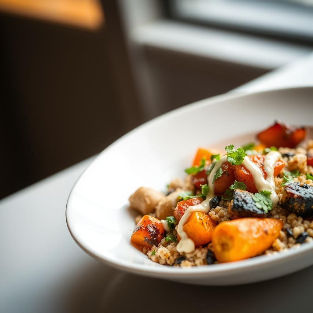 Roasted Vegetable & Quinoa Bowl with Lemon Tahini Drizzle Roasted Vegetable & Quinoa Bowl with Lemon Tahini Drizzle