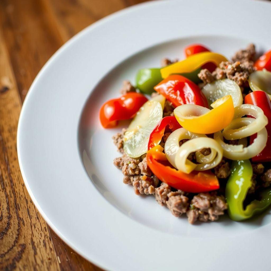 One-Skillet Cheesy Beef and Bell Pepper Skillet One-Skillet Cheesy Beef and Bell Pepper Skillet