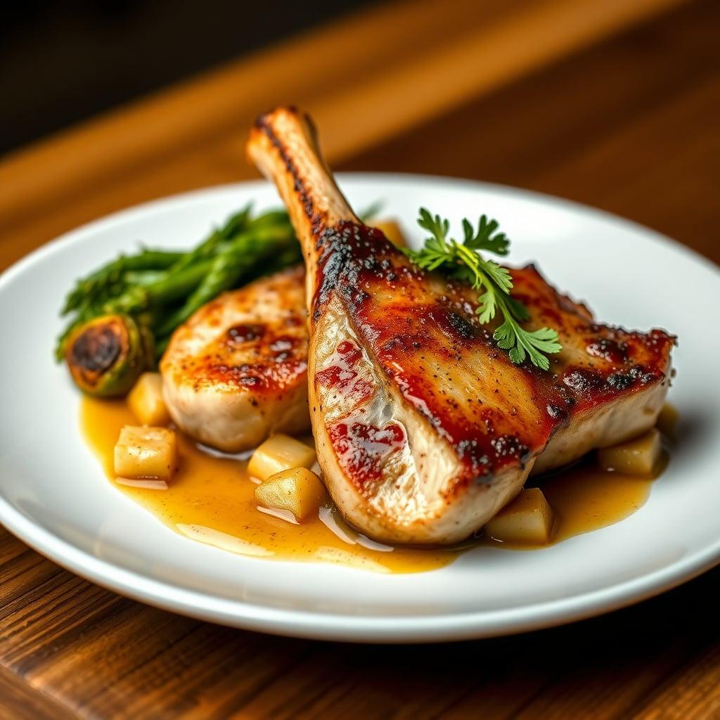 Pan-Seared Honey Dijon Pork Chops with Leek & Apple Compote and Roasted Brussels Sprouts Pan-Seared Honey Dijon Pork Chops with Leek & Apple Compote and Roasted Brussels Sprouts