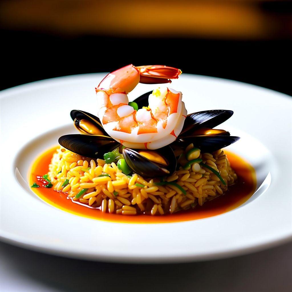Arroz con Mariscos with Aji Panca Emulsion and Salsa Criolla Fluid Gel Arroz con Mariscos with Aji Panca Emulsion and Salsa Criolla Fluid Gel