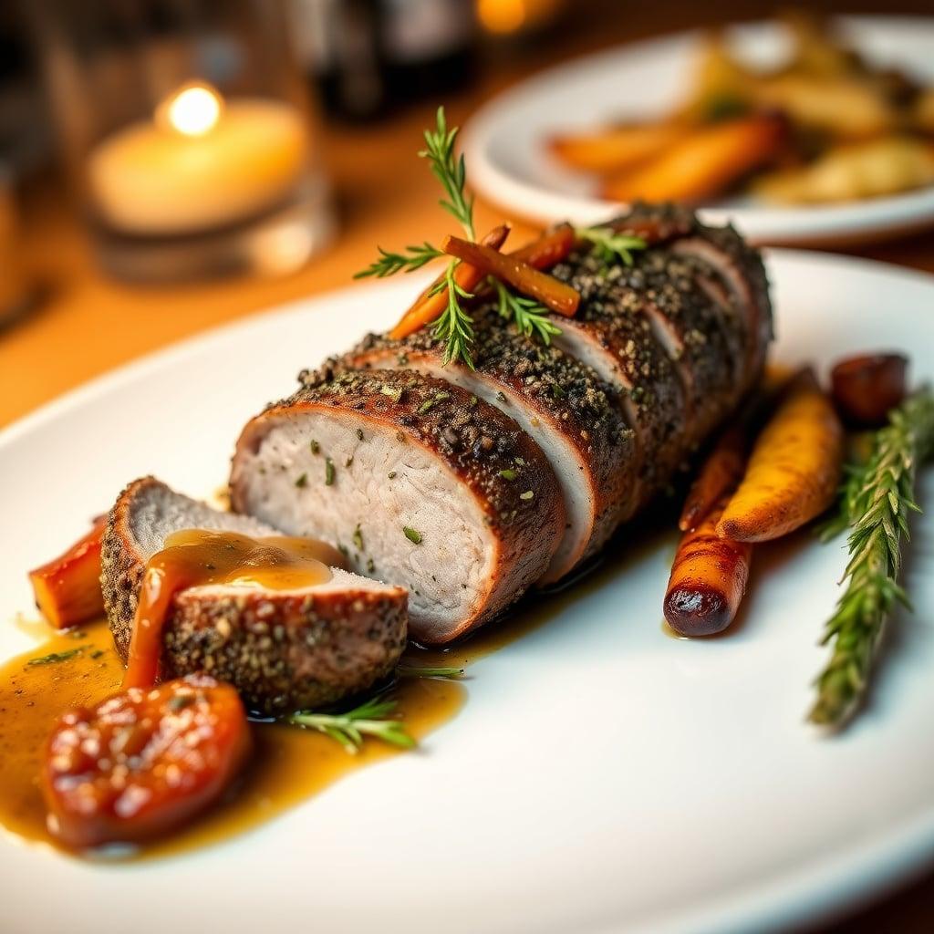 Herb-Crusted Pork Tenderloin with Caramelized Onion Sauce and Roasted Root Vegetables Herb-Crusted Pork Tenderloin with Caramelized Onion Sauce and Roasted Root Vegetables