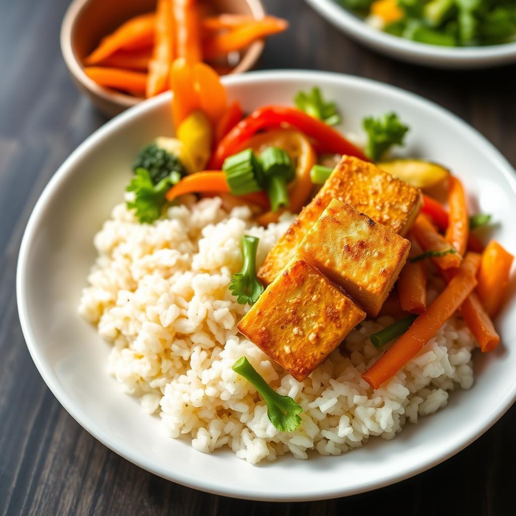 Asian-Inspired Rice Bowl with Crispy Tofu and Vegetables Asian-Inspired Rice Bowl with Crispy Tofu and Vegetables
