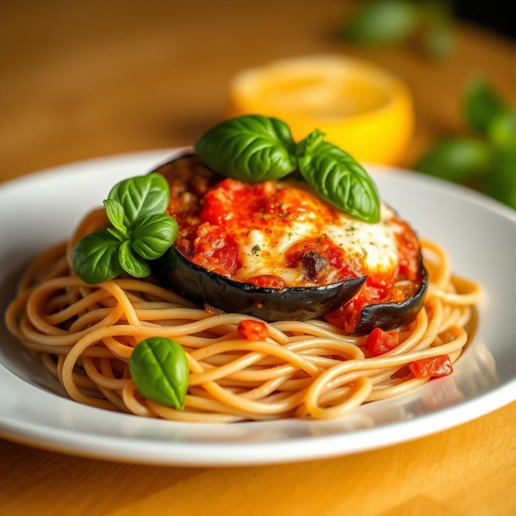 Eggplant Parmesan with Fresh Basil and Whole Wheat Spaghetti Eggplant Parmesan with Fresh Basil and Whole Wheat Spaghetti