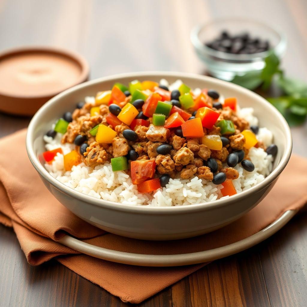 Quick Sautéed Mexican Ground Chicken with Black Beans, Bell Peppers, and White Rice Quick Sautéed Mexican Ground Chicken with Black Beans, Bell Peppers, and White Rice